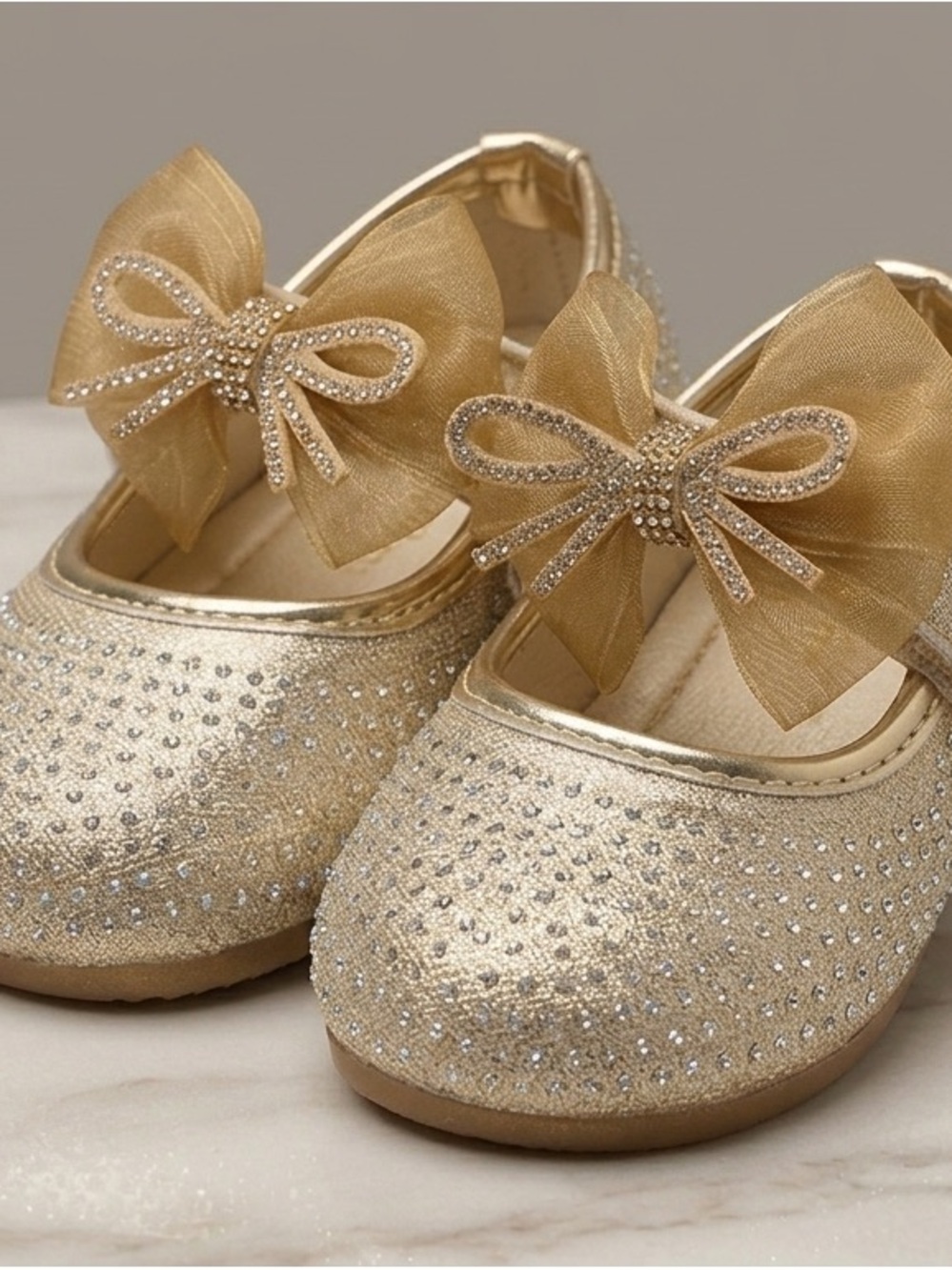 Girls Sparkle Bow Mary Jane Flats in Gold